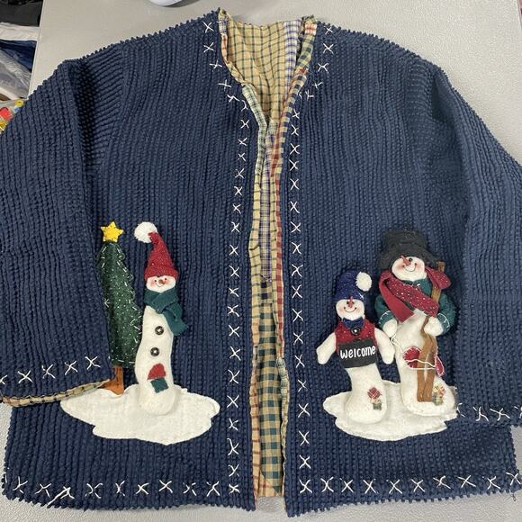 Chenille Jacket Cottagecore Granny Sweater Cardigan Snowman Country christmas - Picture 1 of 16
